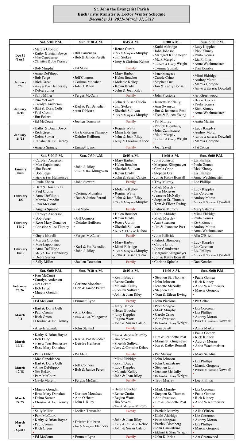 St. John Schedule - Winter 2012 Schedule Complete