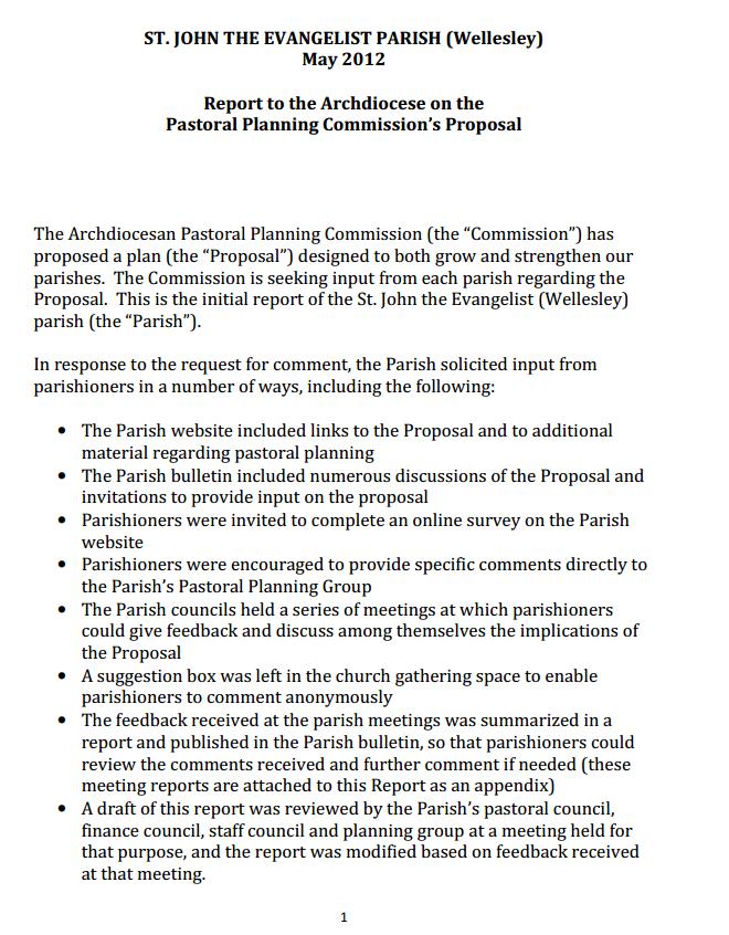 Parish Report to the Archdiocese on the Pastoral Planning Commission’s Proposal Available!
