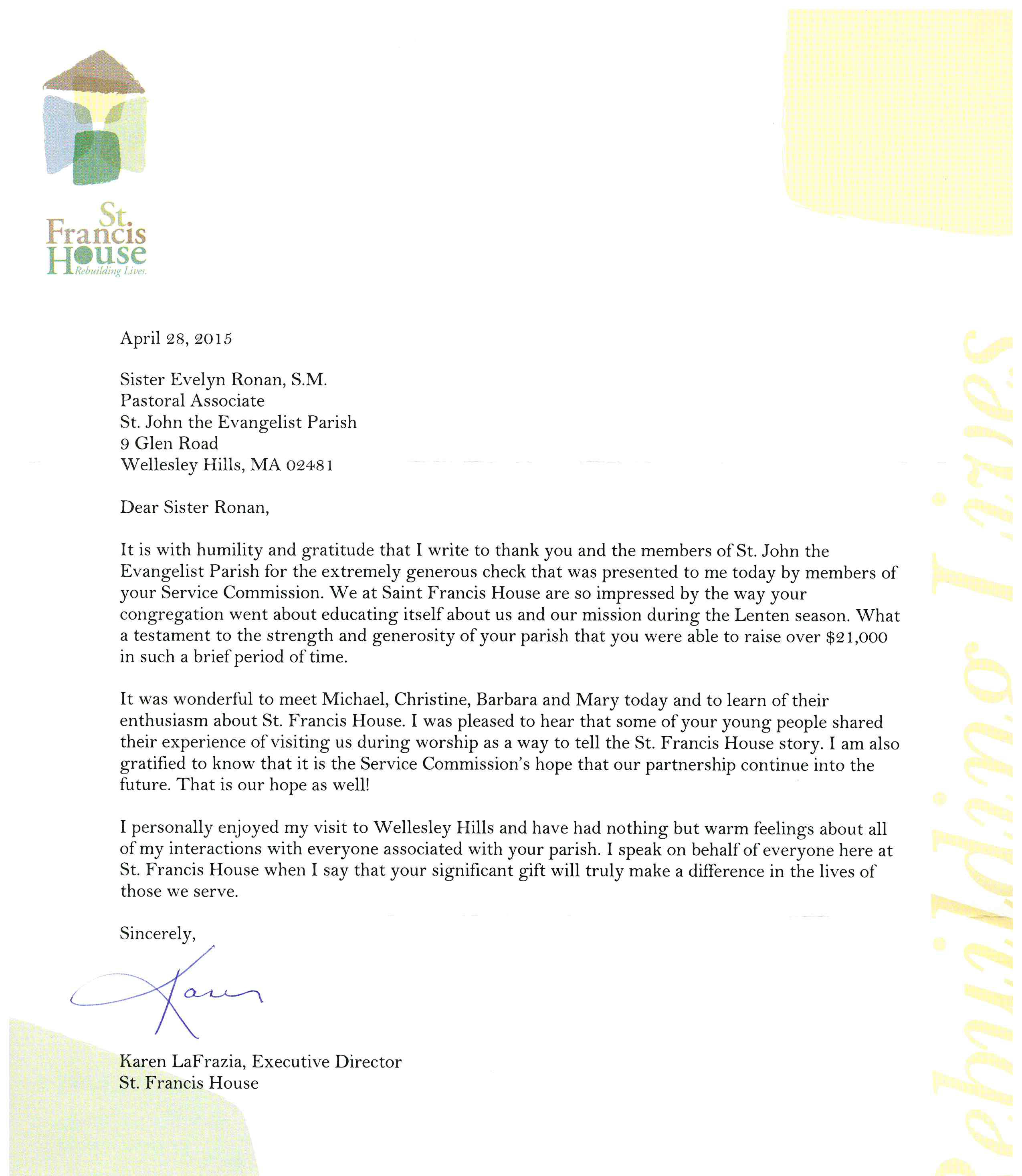 A Thank You Letter From St Francis House To St John Parish For The